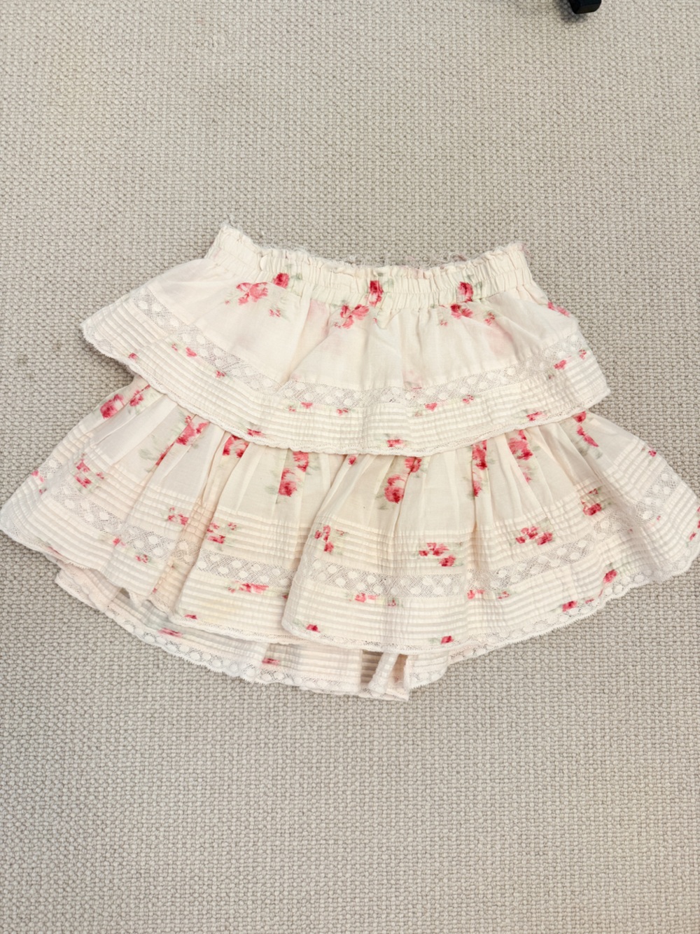 LoveShackFancy Cream Tiered Skirt with Pink Floral Print